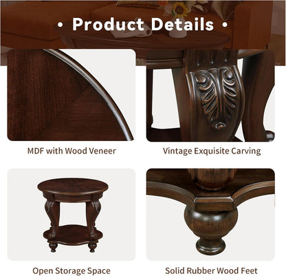 Round End Table Antique Natural Victorian Carved Side Table with Storage Shelf
