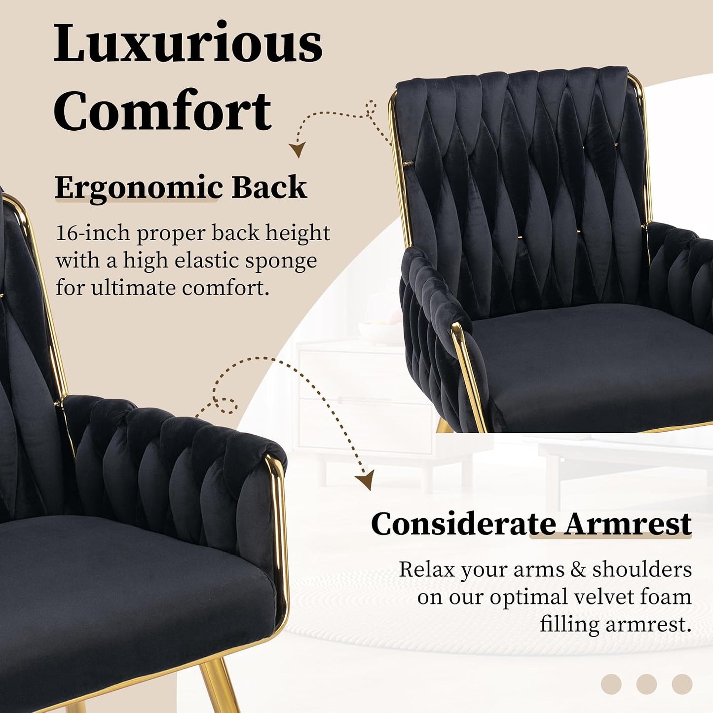 Beige Velvet Vanity Chair Hand Woven Gold Leg Upholstered Accent Chair
