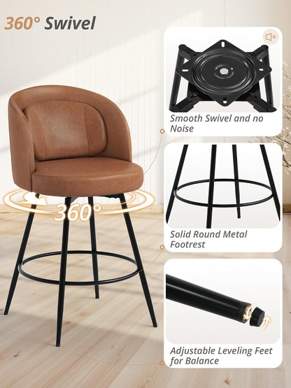 26 Inch Swivel Counter Height Bar Stools Linen Upholstered Black Metal Set of 2