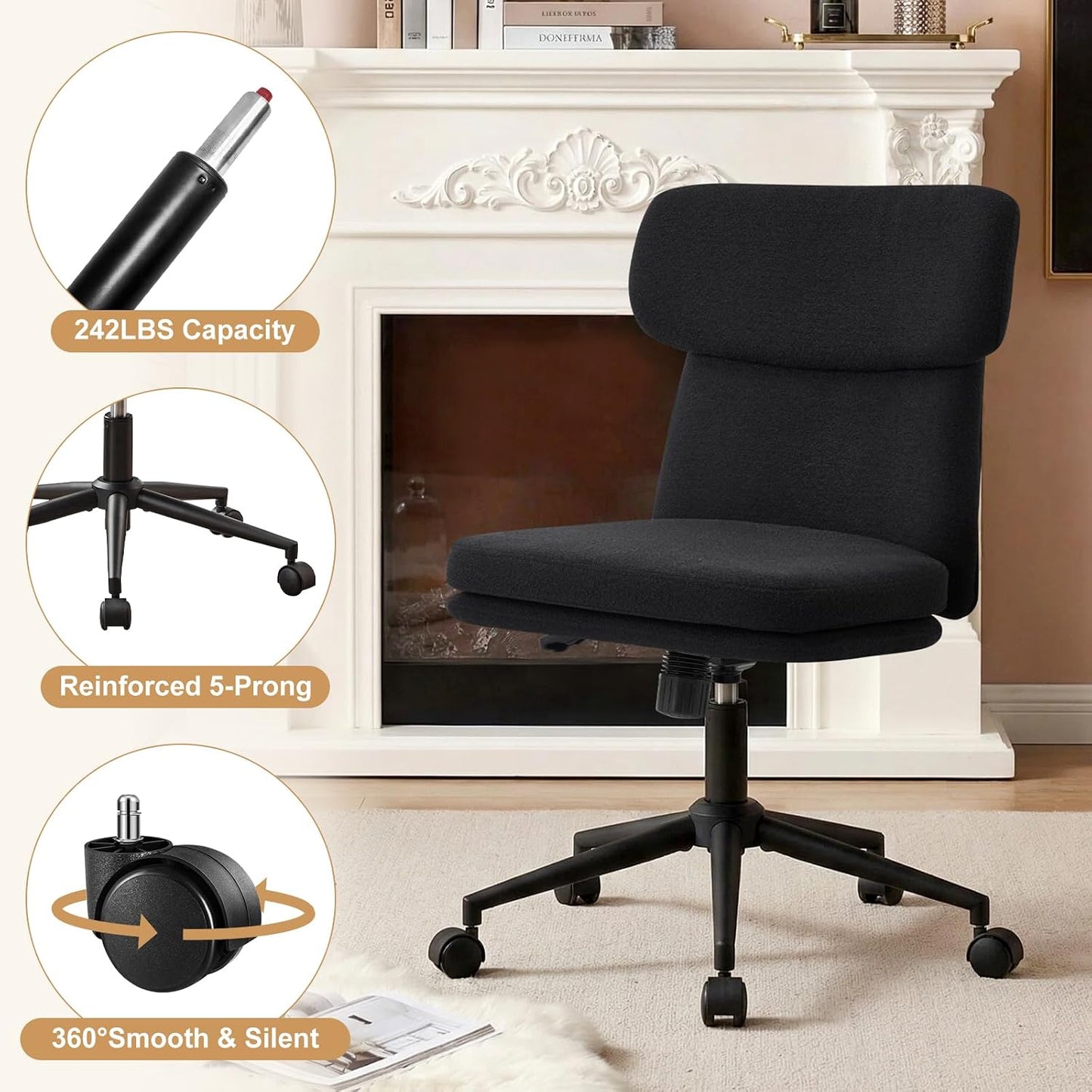 Black Velvet Vanity Chair Adjustable Swivel Office Chair with Wheels