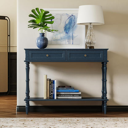 Green Console Table with Drawers Wood Entryway Table with Storage Shelf