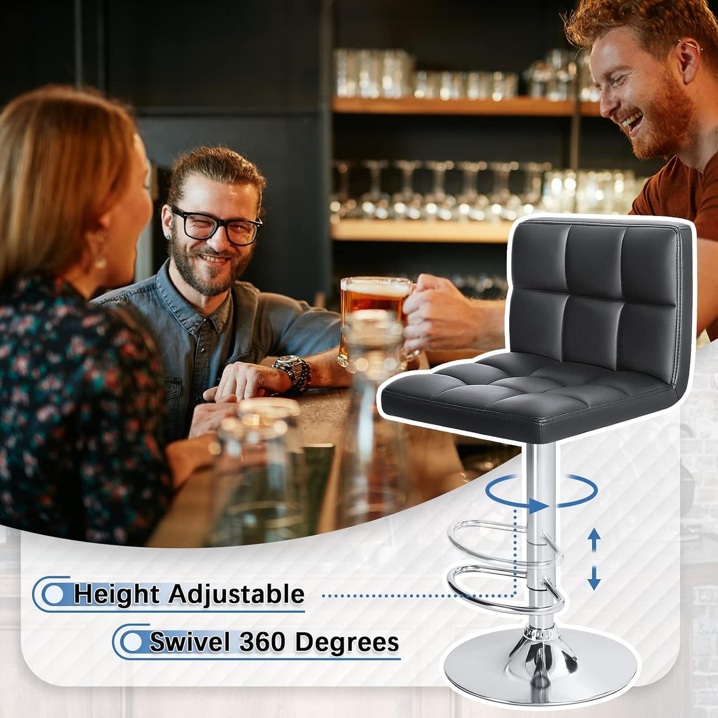 Black Swivel Bar Stools Set of 2 Adjustable Upholstered Kitchen Chairs