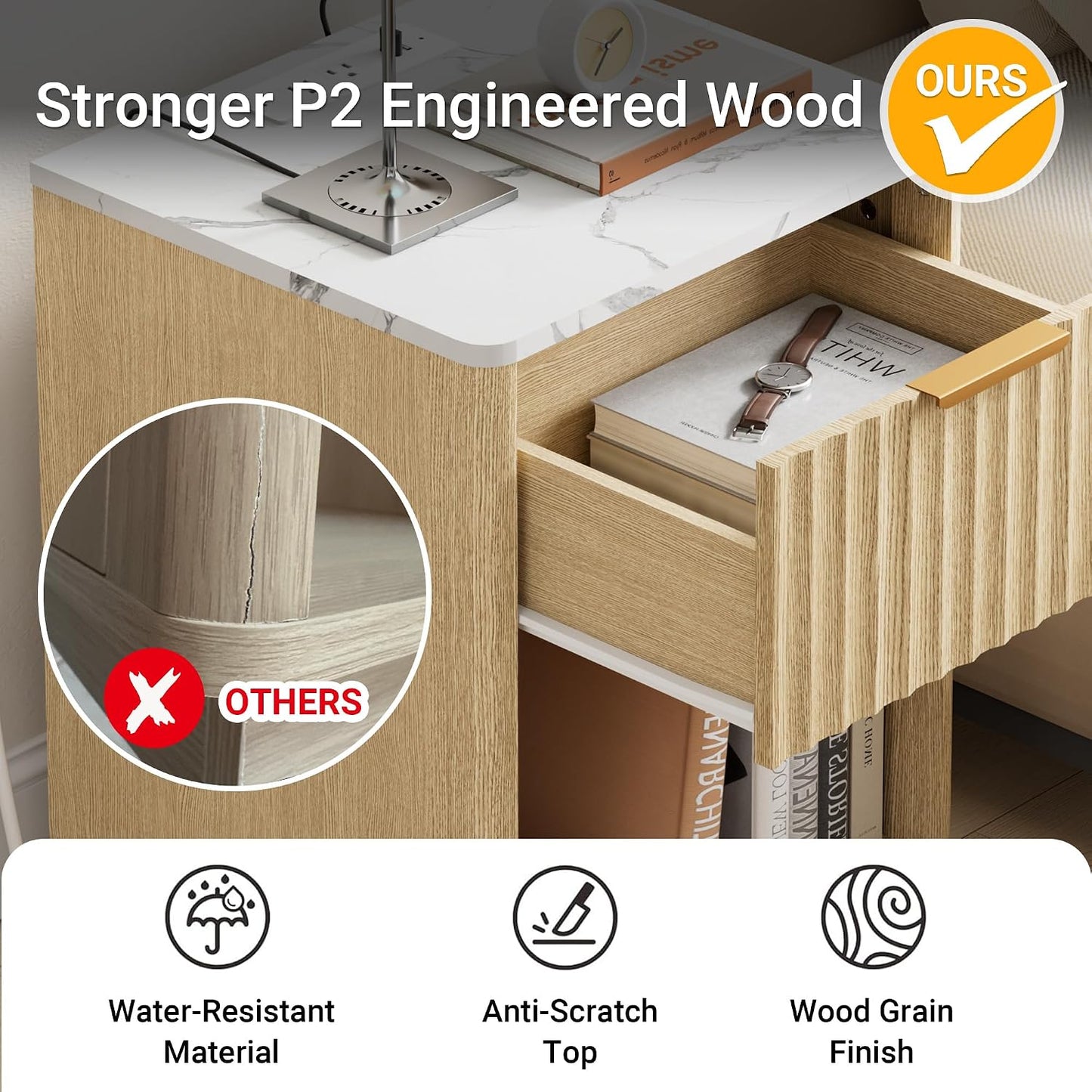 Modern Fluted Nightstand with Charging Station – Natural Oak Bedside Table