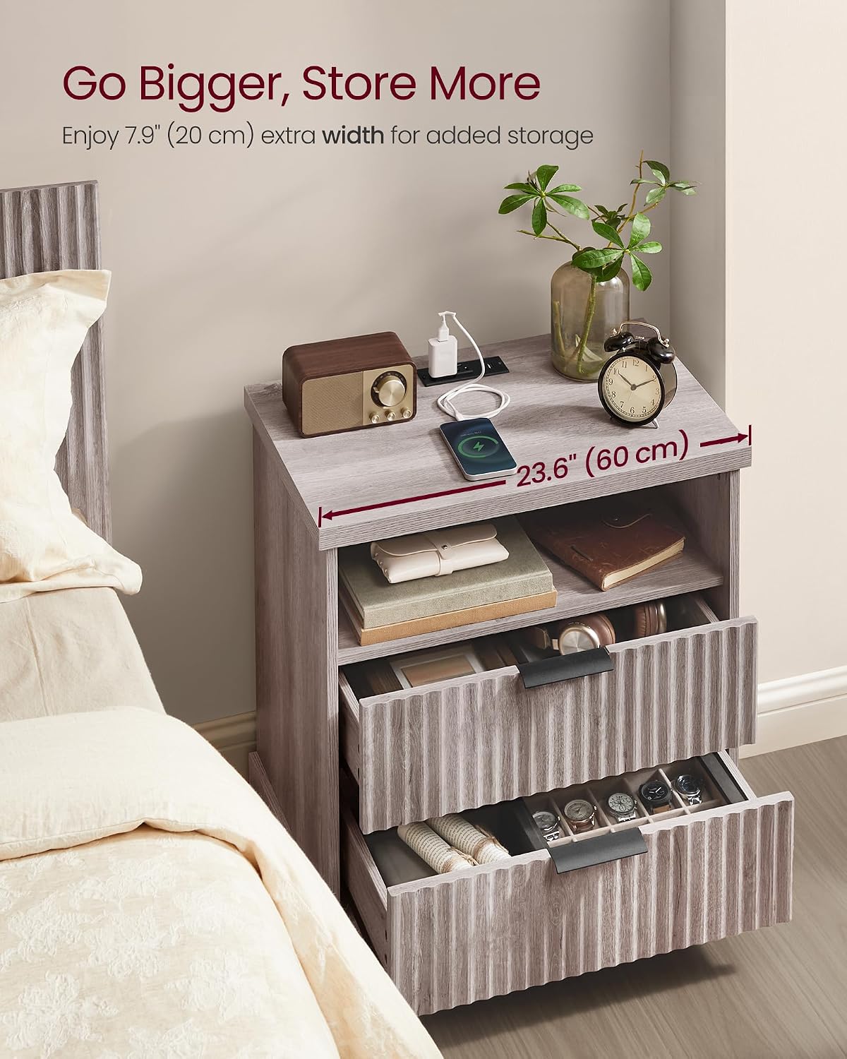 Modern Oak Beige Nightstand with Charging Station – 2-Drawer Fluted Bedside Table