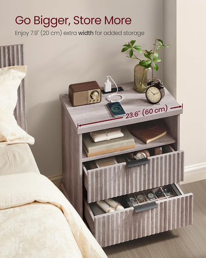 Modern Oak Beige Nightstand with Charging Station – 2-Drawer Fluted Bedside Table