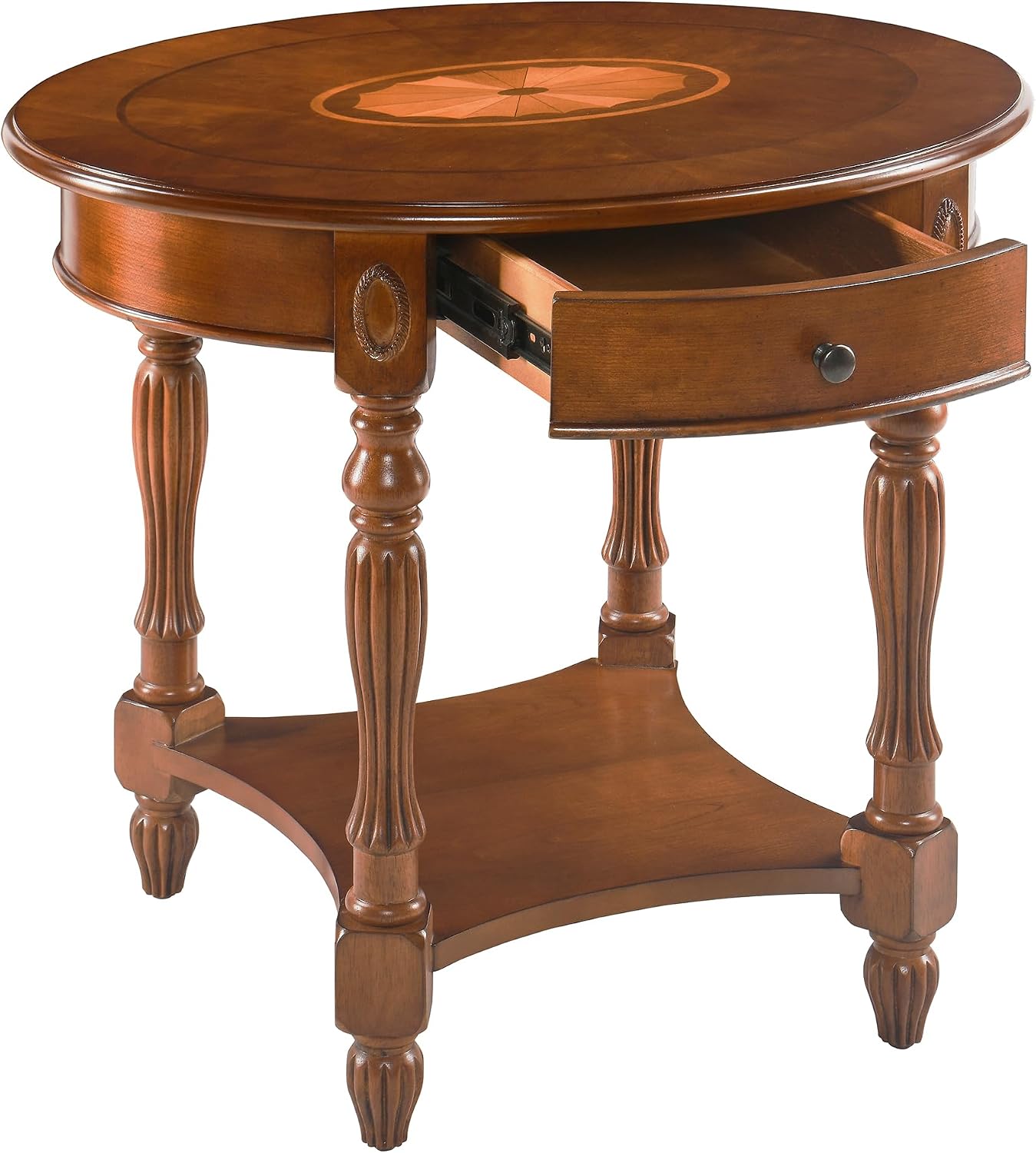 Solid Wood Oval End Table Cherry Walnut with Drawer and Storage Shelf