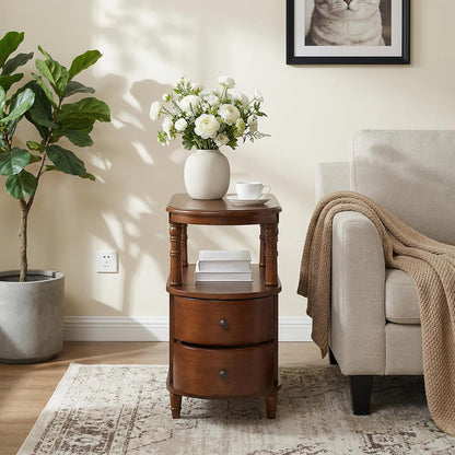 Solid Wood Narrow End Table with Drawers White Slim Bedside Nightstand