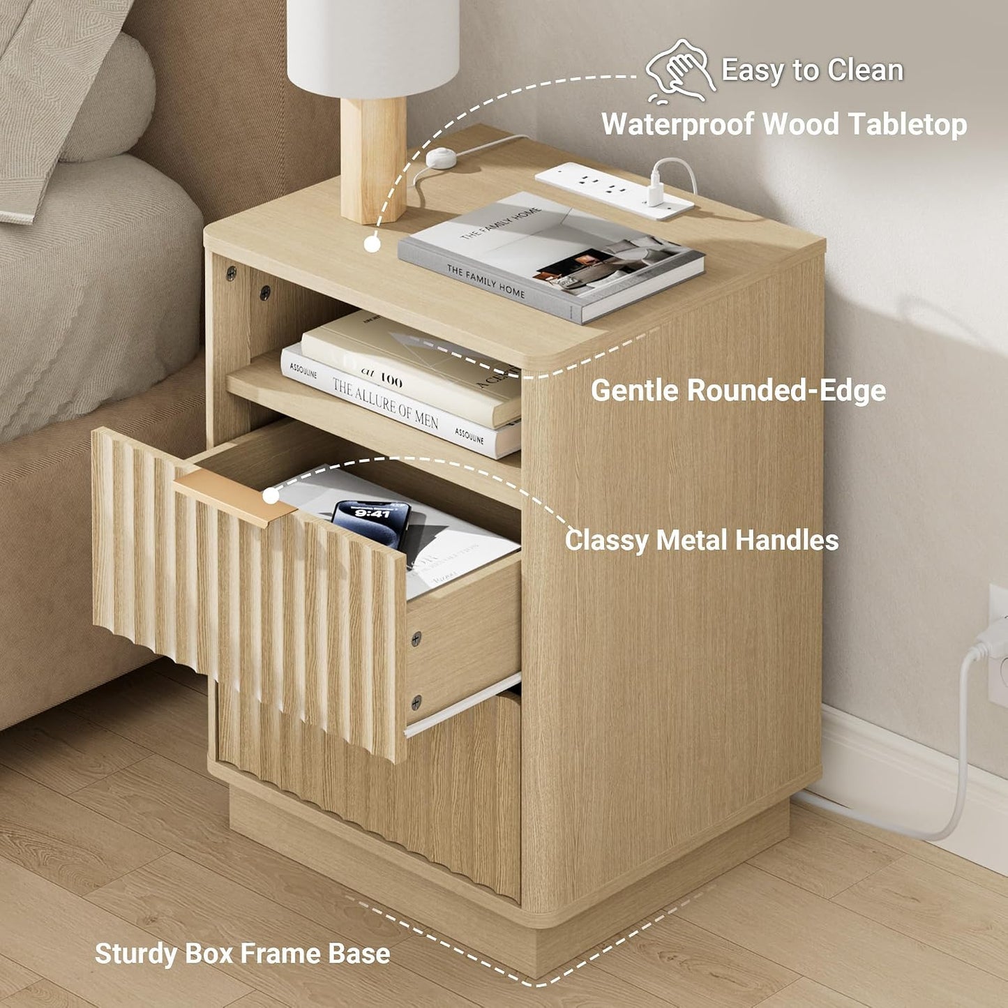 Modern Fluted 2-Drawer Nightstand with Charging Station – Natural Oak