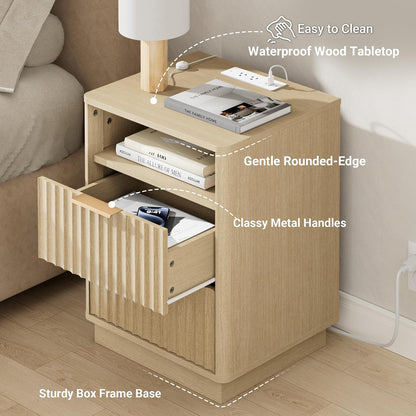 Modern Fluted 2-Drawer Nightstand with Charging Station – Natural Oak
