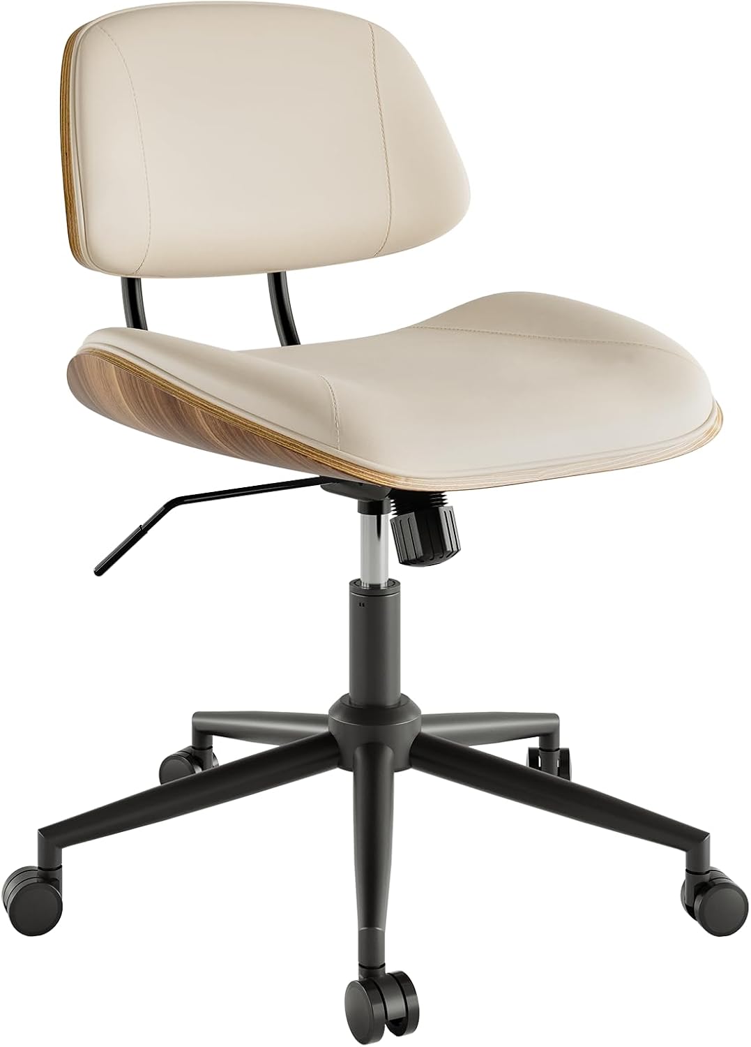 Black PU Leather Office Chair Armless Swivel Desk Chair with Walnut Back and Wheels
