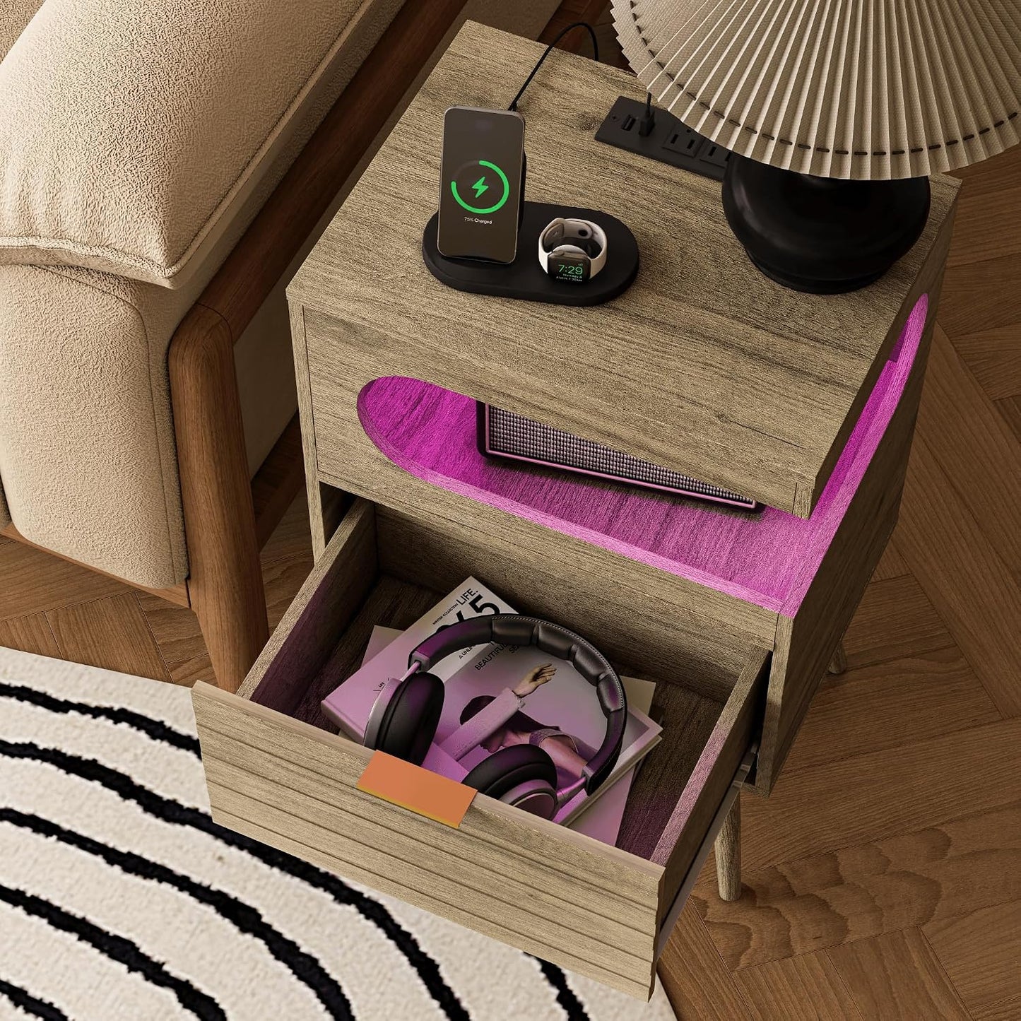 Modern Black Nightstand with Charging Station, LED Light & Storage Drawer