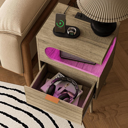 Modern Black Nightstand with Charging Station, LED Light & Storage Drawer
