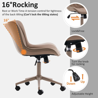 Brown Faux Leather Office Chair Adjustable Swivel Rolling Armless Desk Chair