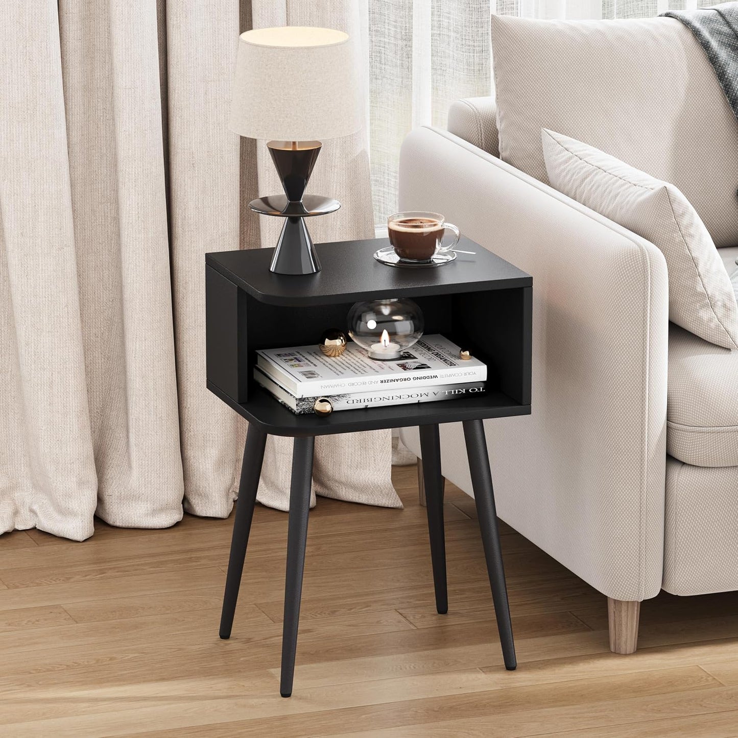Mid-Century Modern Walnut Brown Nightstand Set of 2 with Open Storage