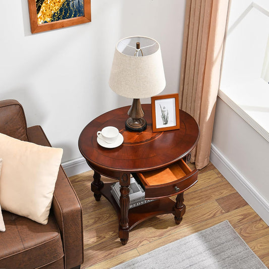 Solid Wood Oval End Table with Drawer and Lower Storage Shelf