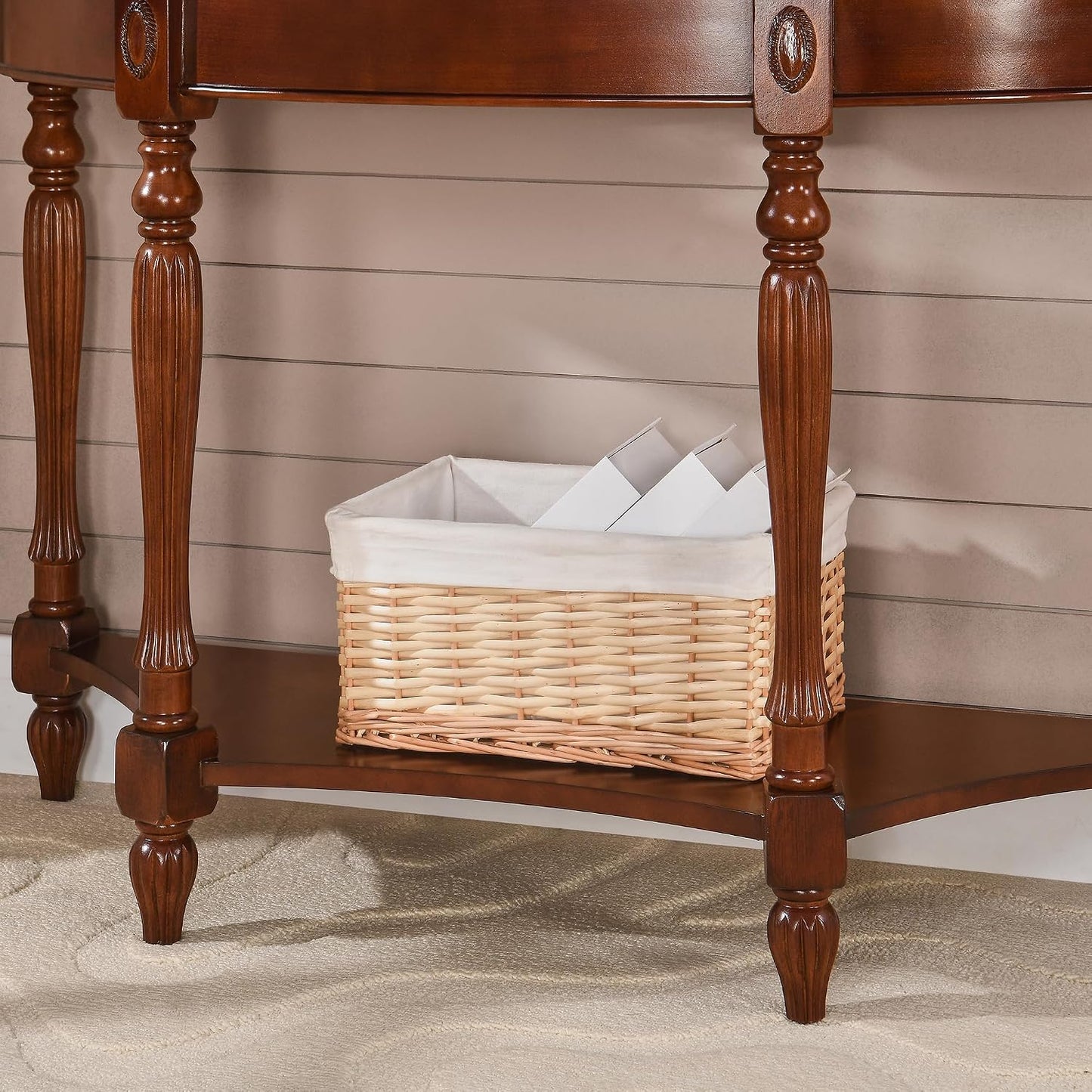 Solid Wood Demi Lune Console Table with Drawer and Storage Shelf