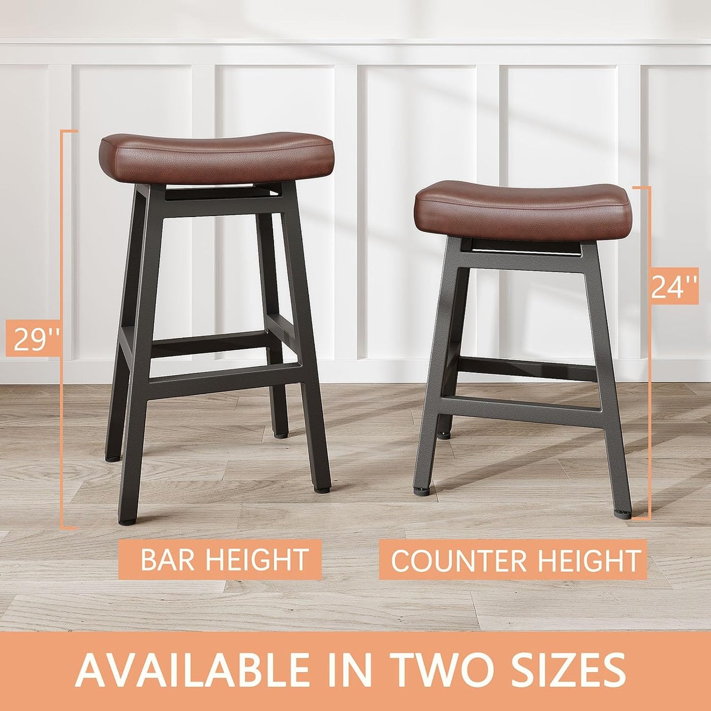 29 Inch Black Bar Height Stools Set of 2 Bonded Leather Saddle Seats