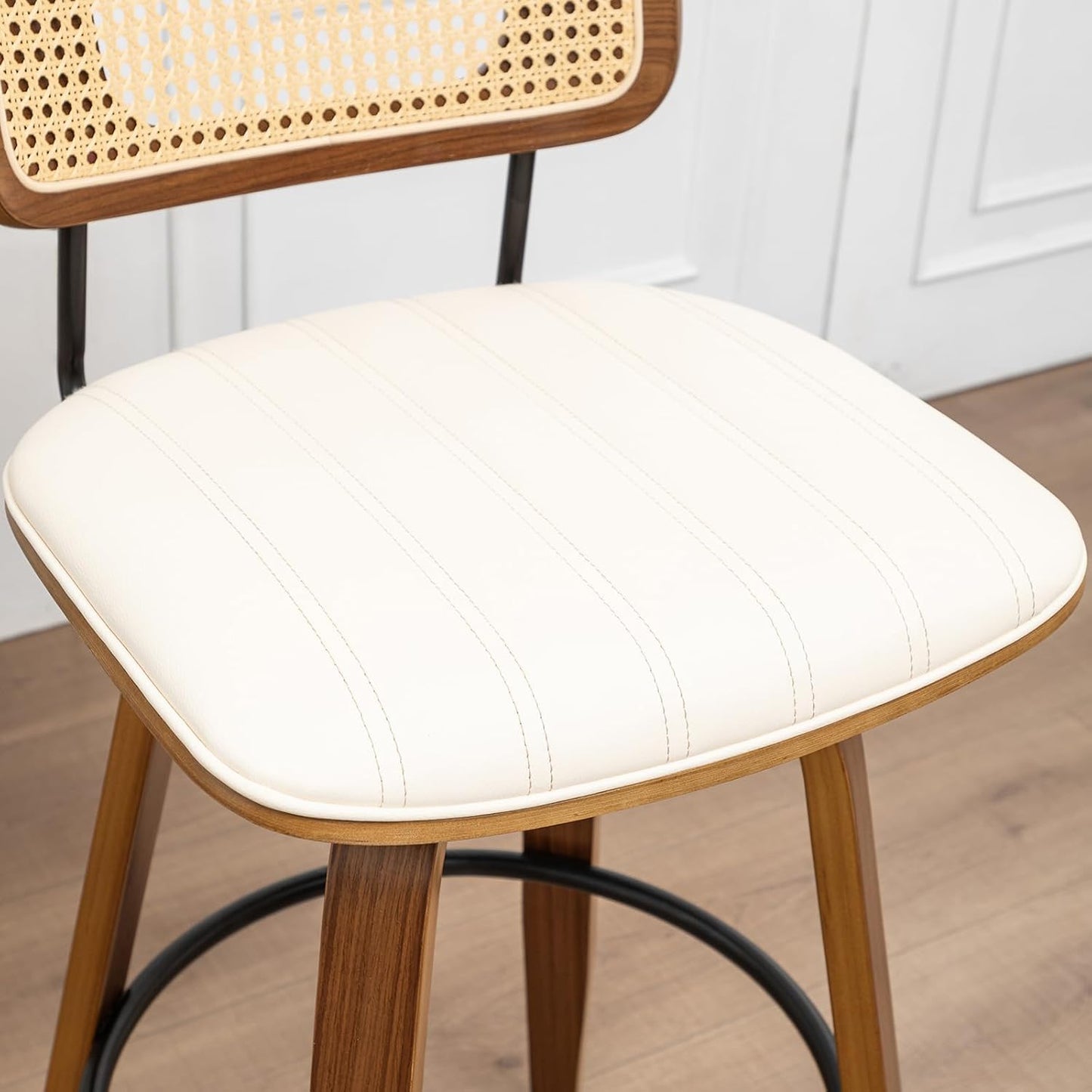 Walnut Rattan Counter Stool with Cane Back Grey Fabric Seat 26 Inch