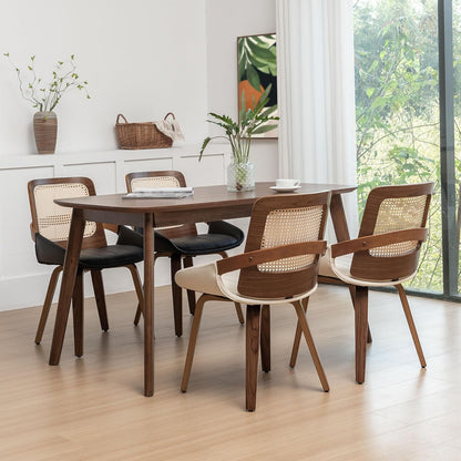 Walnut Rattan Dining Chair with Cane Back Black Upholstered Seat and Arms