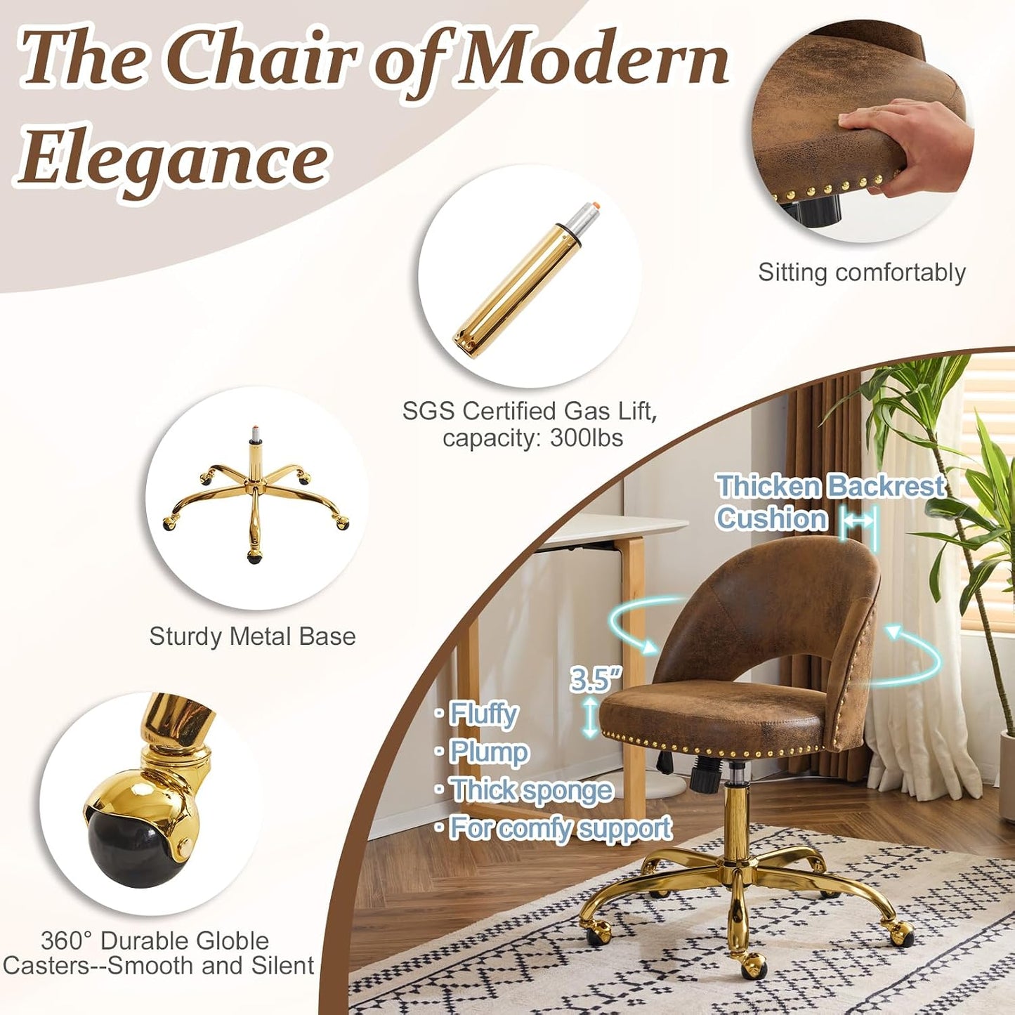 Navy Blue Velvet Office Chair Gold Swivel Rolling Vanity Desk Chair