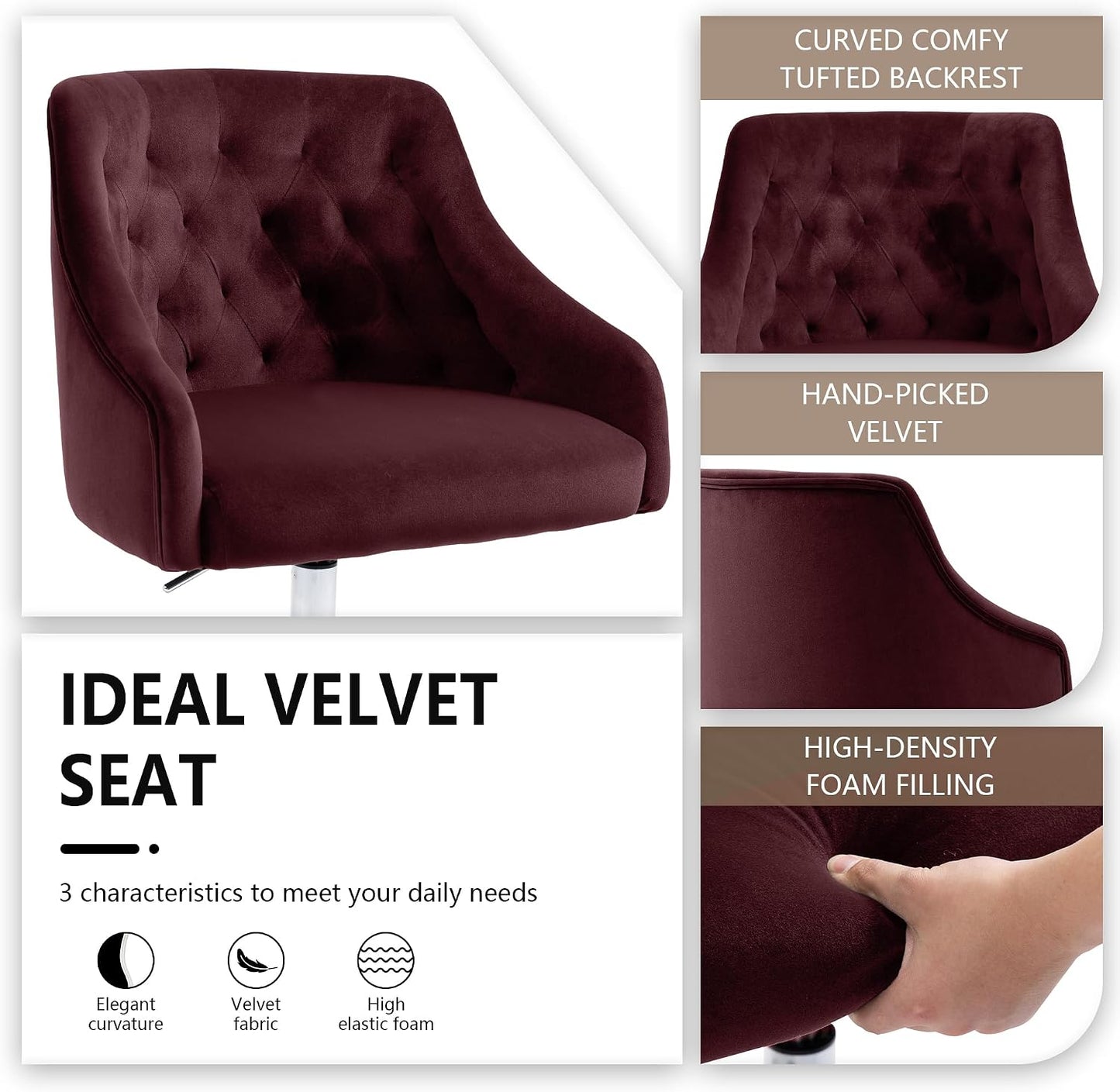 Ivory Velvet Office Chair Tufted Adjustable Swivel Vanity Chair with Wheels