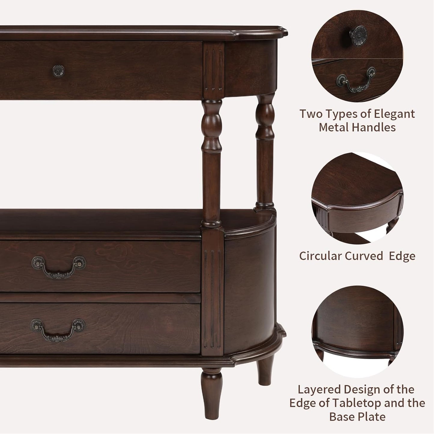 Solid Wood Console Table with Drawers Cherry Half Moon Entryway Table