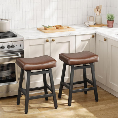 24 Inch Black Counter Height Bar Stools Set of 2 Bonded Leather Saddle Seats