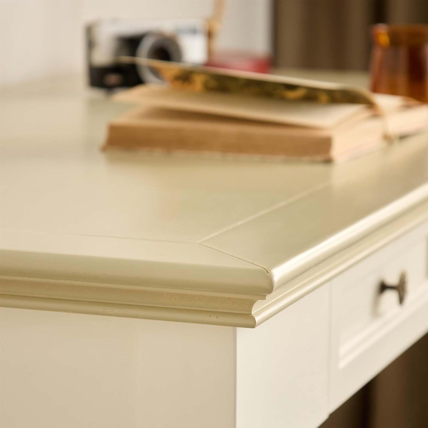 French Country Solid Wood Writing Desk with 2 Drawers Beige Farmhouse Table