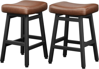 24 Inch Black Counter Height Bar Stools Set of 2 Bonded Leather Saddle Seats