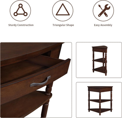 Wood Triangle Corner Table with Drawer and 2 Storage Shelves Navy Blue