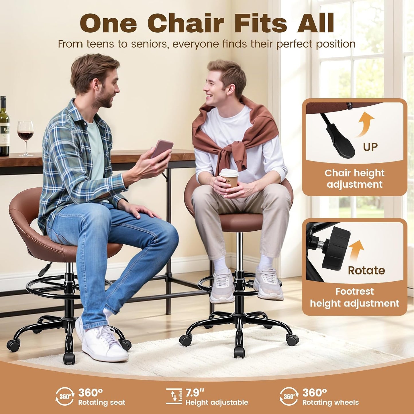 Adjustable Drafting Chair Black Faux Leather Swivel Counter Stool with Wheels