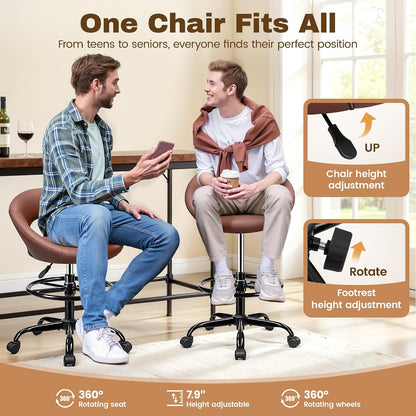 Adjustable Drafting Chair Black Faux Leather Swivel Counter Stool with Wheels