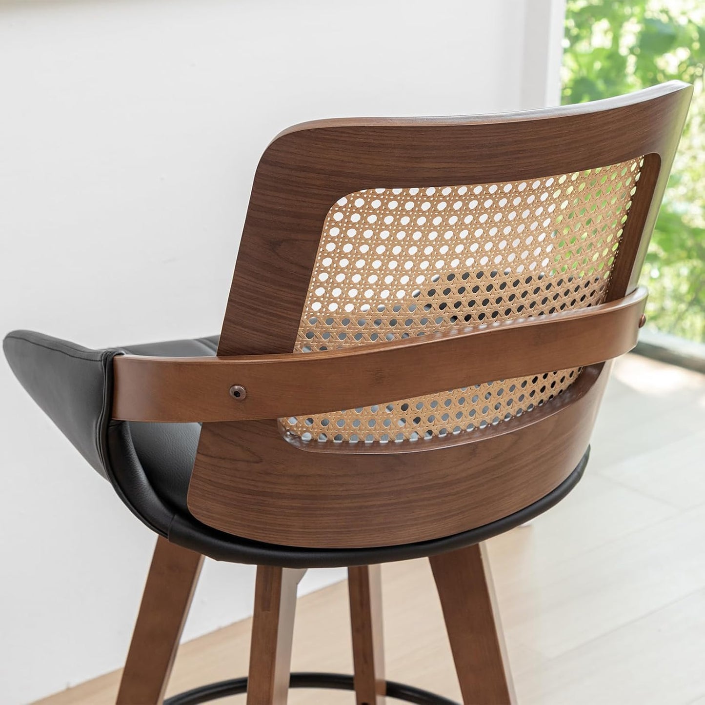 Walnut Cane Swivel Counter Stool with Arms Black Faux Leather Seat