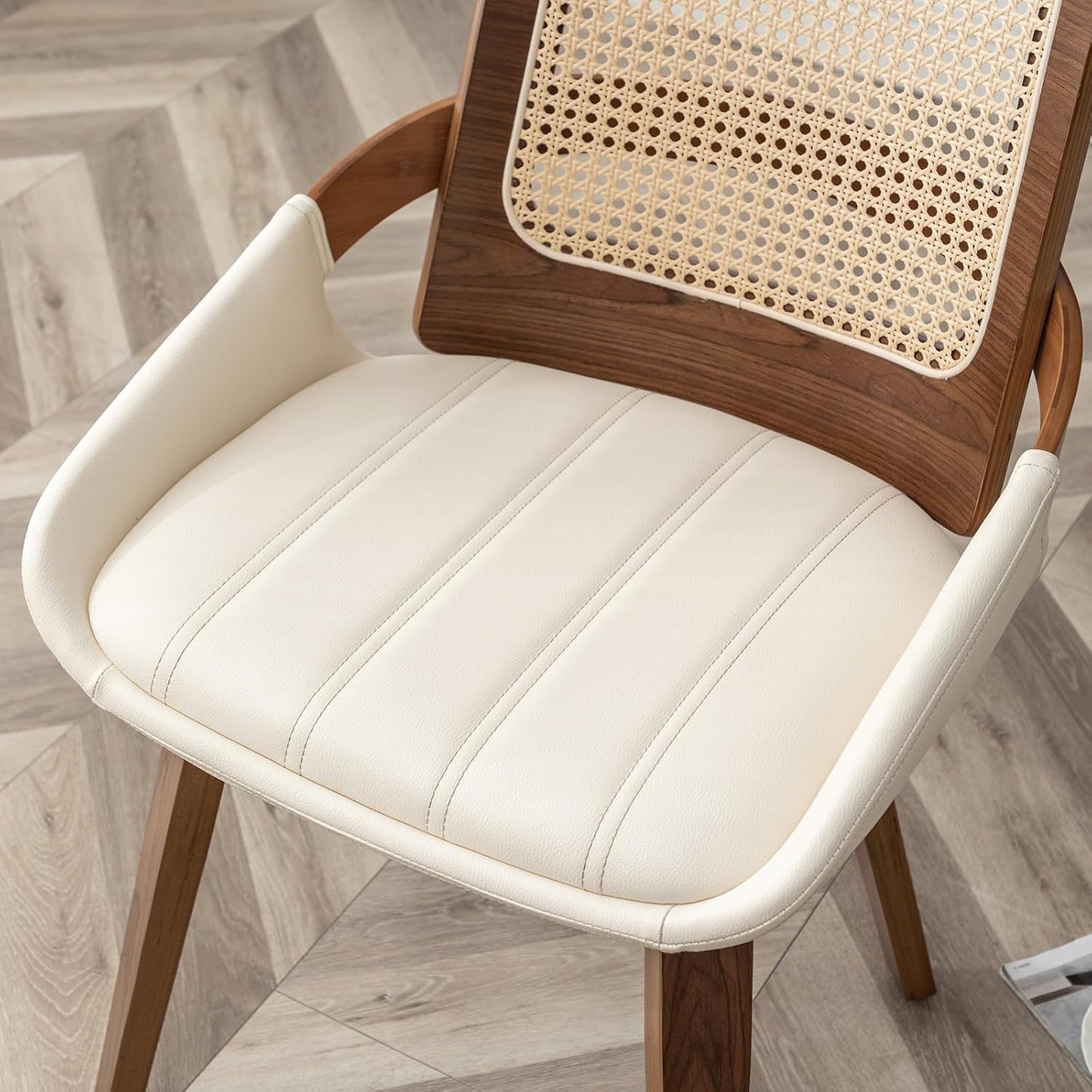 Walnut Rattan Dining Chair with Cane Back Black Upholstered Seat and Arms