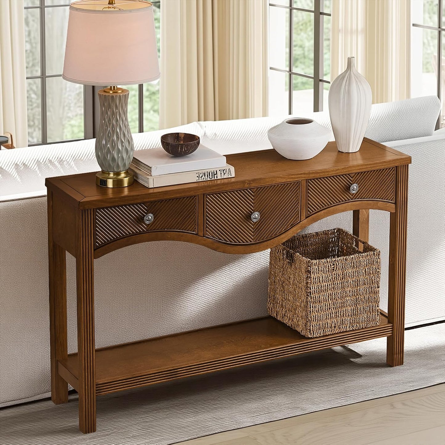 Scalloped Wood Console Table with 3 Drawers Narrow Espresso Entryway Table