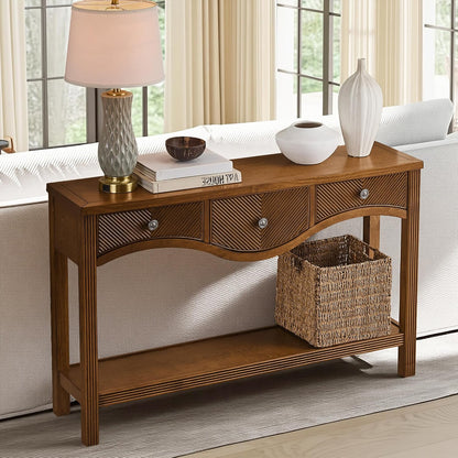 Scalloped Wood Console Table with 3 Drawers Narrow Espresso Entryway Table
