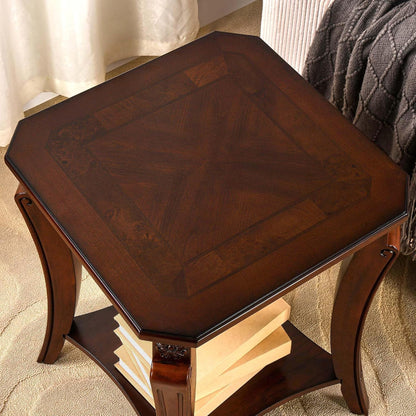 Solid Wood Square End Table with Glass Top and Storage Shelf