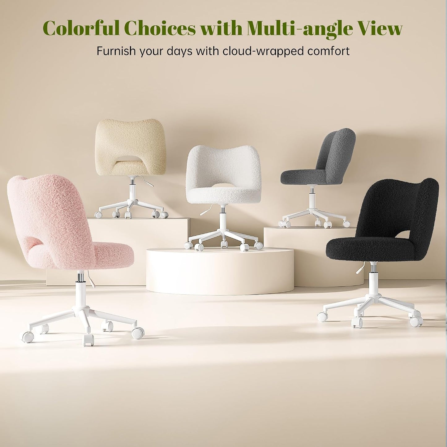 White Teddy Vanity Chair Armless Adjustable Swivel Desk Chair with Wheels