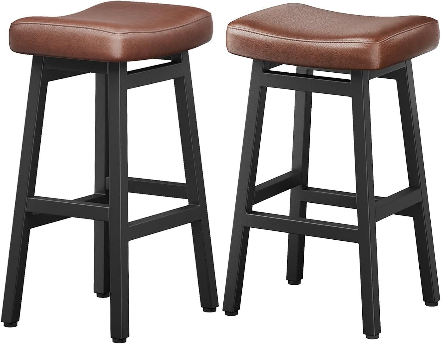 29 Inch Black Bar Height Stools Set of 2 Bonded Leather Saddle Seats