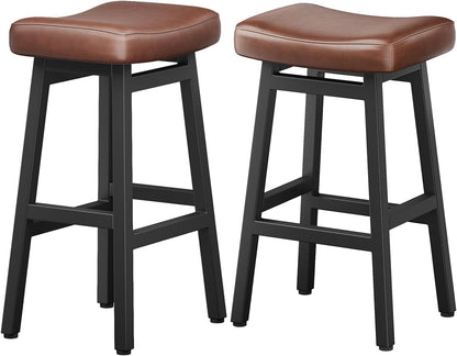 29 Inch Black Bar Height Stools Set of 2 Bonded Leather Saddle Seats