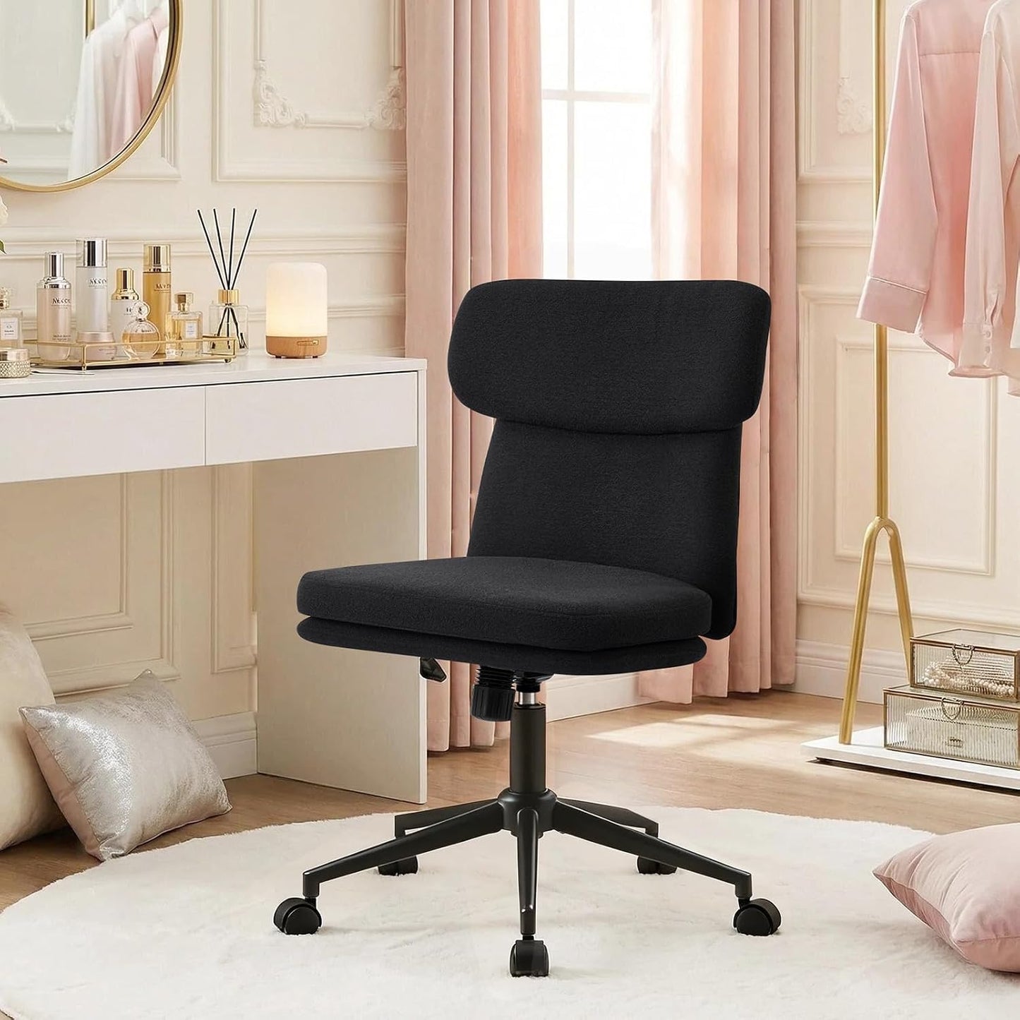 Black Velvet Vanity Chair Adjustable Swivel Office Chair with Wheels