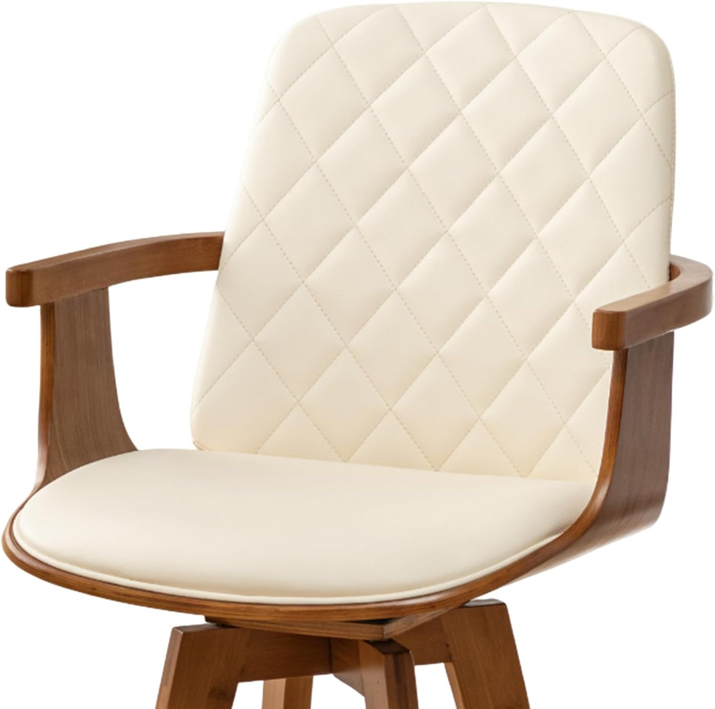 Walnut Swivel Bar Stool with Arms Beige Faux Leather Mid Century Chair