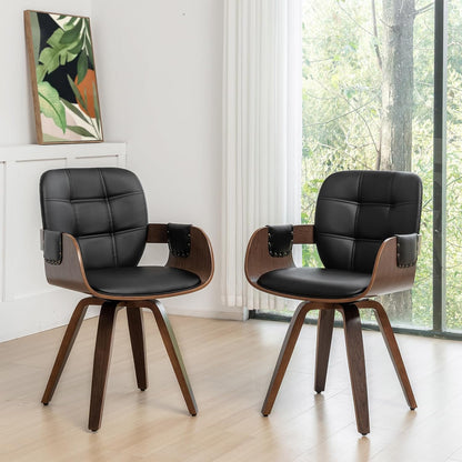 Walnut Brown Swivel Dining Chair with Arms Faux Leather Mid Century Chair