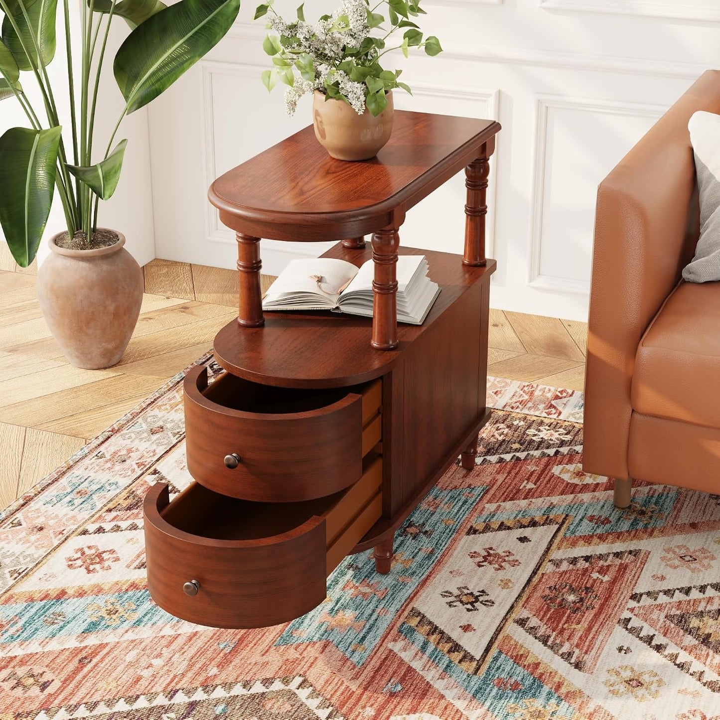 Solid Wood Narrow End Table with Drawers White Slim Bedside Nightstand