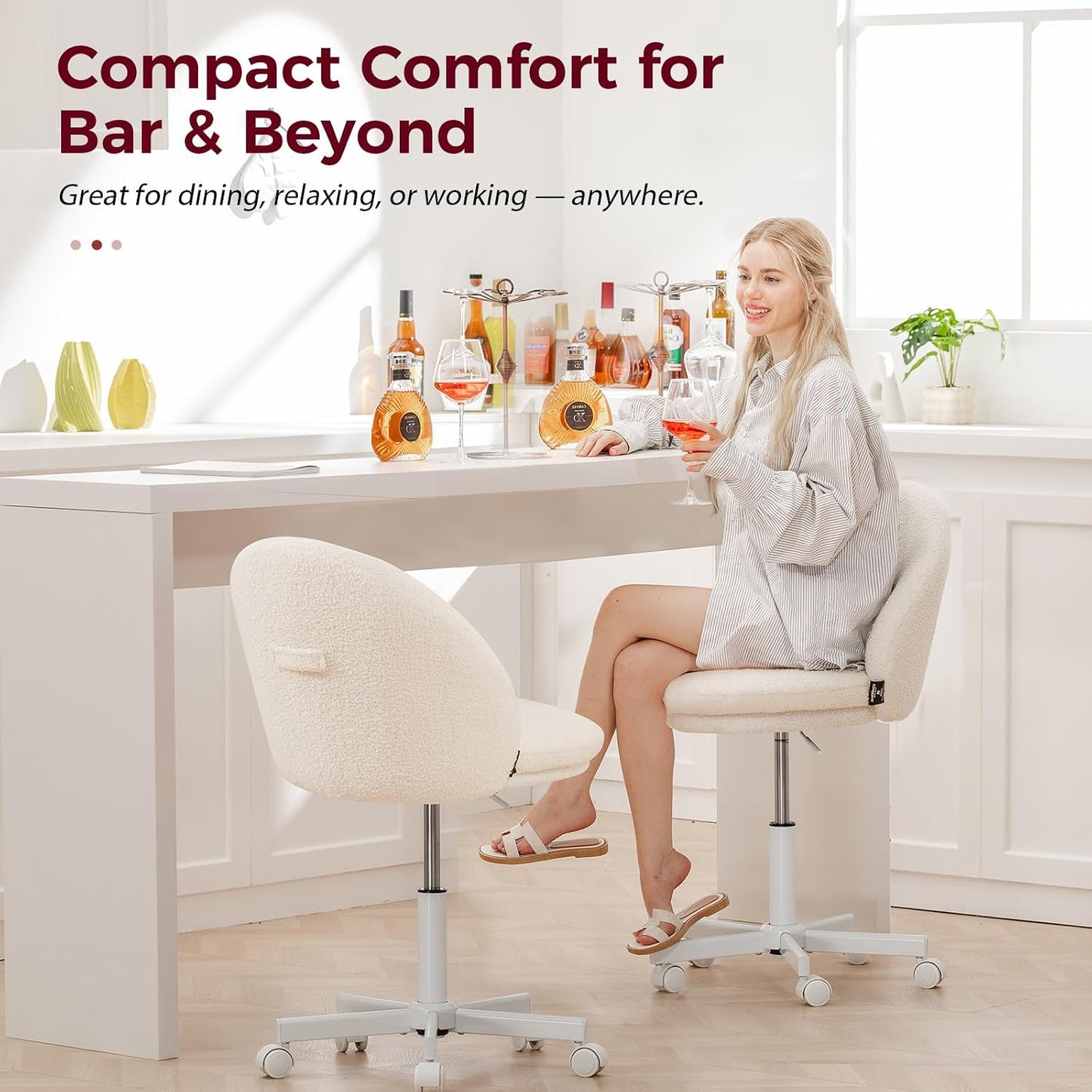 Pink Velvet Vanity Chair Adjustable Swivel Rolling Desk Chair with Lumbar Pillow