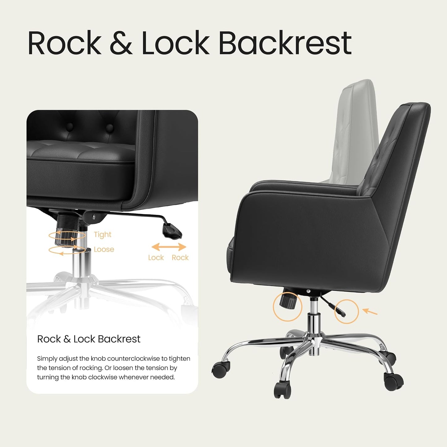 Khaki Leather Office Chair Tufted Adjustable Swivel Desk Chair with Arms