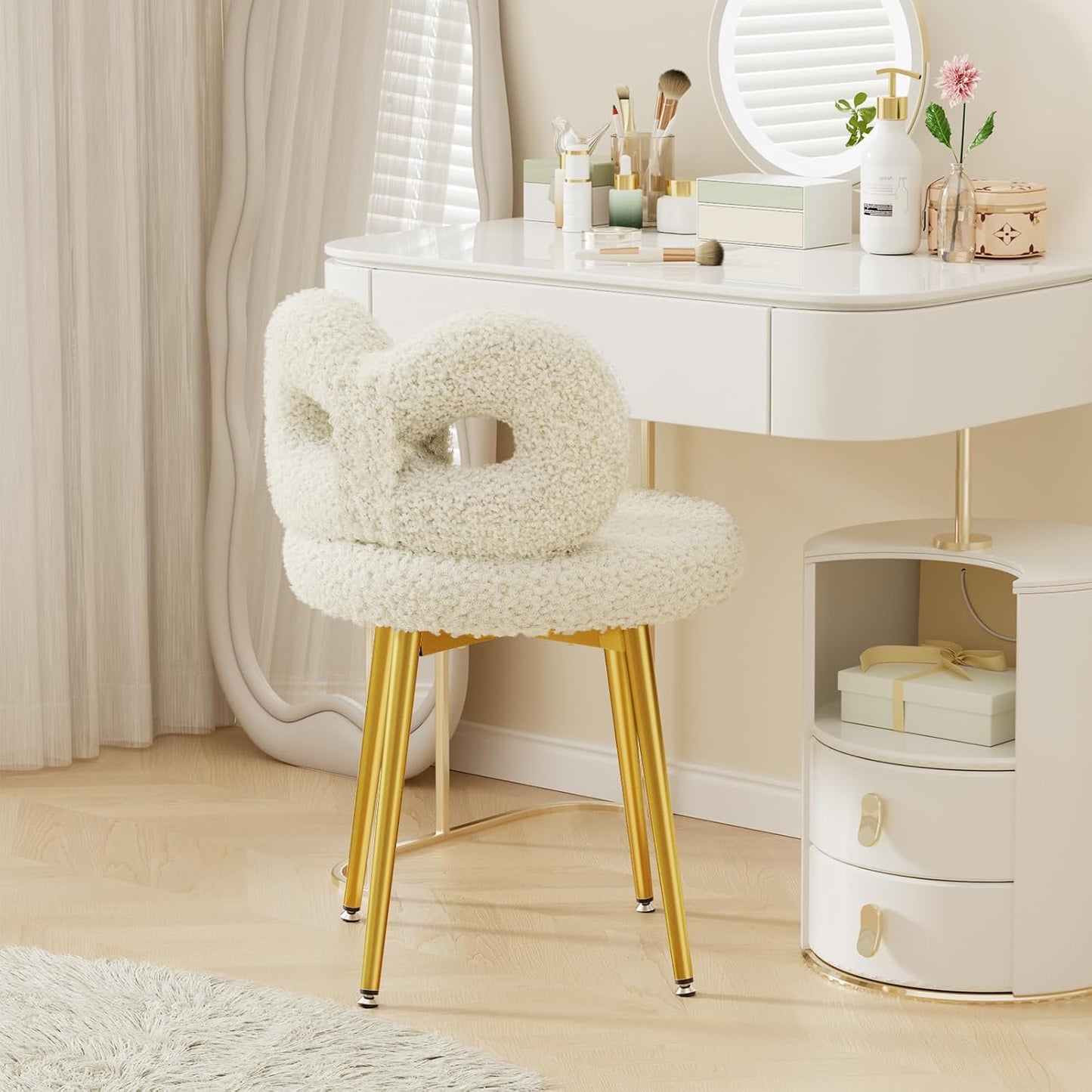 Pink Bow Vanity Chair Swivel Upholstered Makeup Chair with Metal Legs