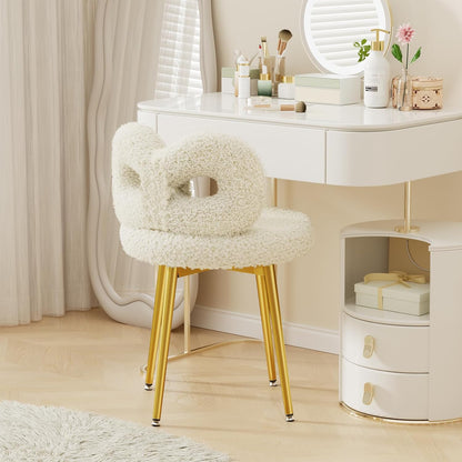 Pink Bow Vanity Chair Swivel Upholstered Makeup Chair with Metal Legs