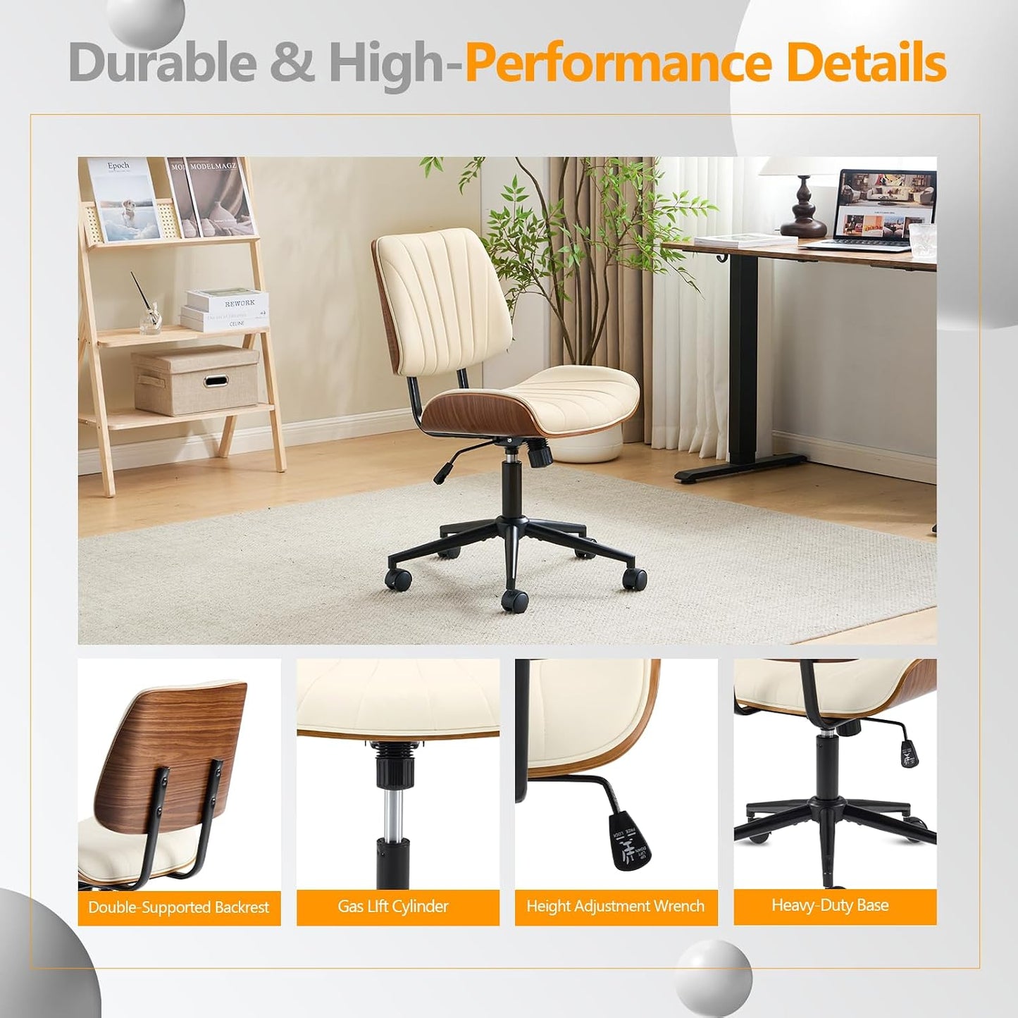 Walnut Office Chair Black PU Leather Adjustable Swivel Rolling Desk Chair