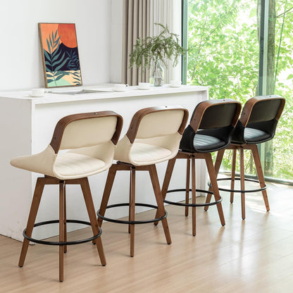 Walnut Black Swivel Bar Stools Faux Leather Mid Century Set of 2